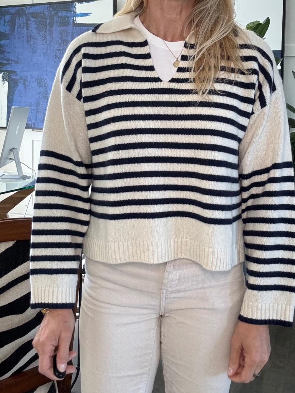 Madewell Cashmere Wool Blend Striped Polo Sweater Ivory Navy XS